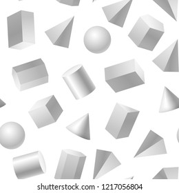 Realistic Detailed 3d Basic Shapes Seamless Pattern Background on a White Include of Cube, Cylinder, Sphere and Cone. Vector illustration