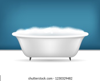 Realistic Detailed 3d Bathroom Bathtub with Foam and Blue Wall and White Floor Card Poster Bathing Concept. Vector illustration of Relax Tub in Home