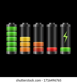 Realistic Detailed 3d Battery Charge Indicators Row. Vector illustration