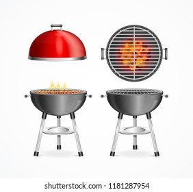 Realistic Detailed 3d Bbq Grill Set Closeup View with Fire and Charcoal. Vector illustration of Barbecue Grills