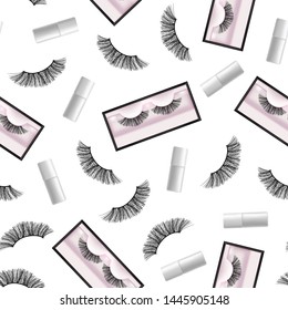 Realistic Detailed 3d Beautiful Black Long False Eyelashes in Package Box for Makeup Seamless Pattern Background. Vector illustration of Eyelash