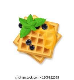 Realistic Detailed 3d Belgian Waffle with Fresh Berry and Green Leaves Peppermint. Vector illustration of Sweet Dessert