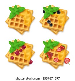 Realistic Detailed 3d Belgian Waffle Set with Fresh Berry and Green Leaves Peppermint. Vector illustration of Sweet Dessert