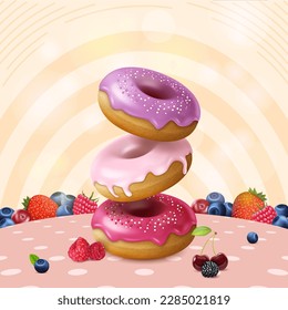 Realistic Detailed 3d Berry Donut Concept Background with Fresh Blueberry, Raspberry and Cherry for Cafeteria or Shop. Vector illustration of Doughnut