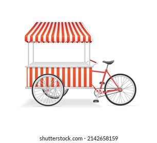 Realistic Detailed 3d Bike Street Food Cart Trolley Isolated on a White Background. Vector illustration of Bicycle Kiosk Shop svg