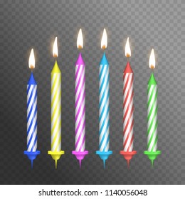 Realistic Detailed 3d Birthday Cake Candles Set on a Transparent Background Symbol of Happy Party. Vector illustration