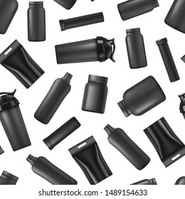 Realistic Detailed 3d Black Blank Sport Nutrition Containers Template Mockup Seamless Pattern Background on a White. Vector illustration of Mock Up Pack