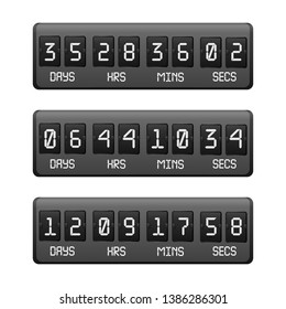 Realistic Detailed 3d Black Countdown Timer on a Black Include of Hour, Minute, Day and Second. Vector illustration of Display or Scoreboard