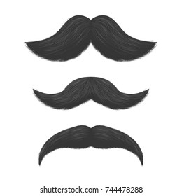 Realistic Detailed 3d Black Fake Mustaches Set Closeup View Decoration Element Fashion Retro Style . Vector illustration of Male Moustache