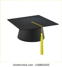 Realistic Detailed 3d Black Graduation Cap with Yellow Tassel Symbol of Education, Success and Achievement . Vector illustration