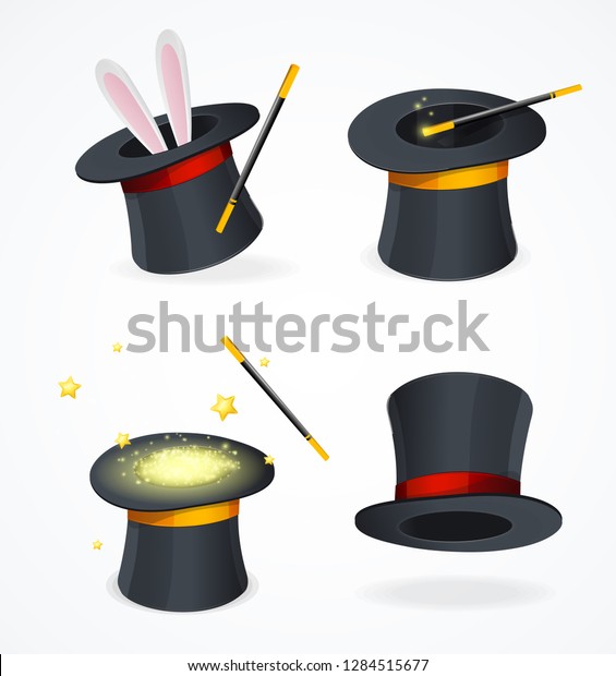 リアルで詳細な3d黒のマジックハット トリックを表示 魔法の帽子または円柱のベクターイラスト のベクター画像素材 ロイヤリティフリー