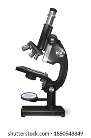 Realistisches, detailliertes 3D-Schwarzes Mikroskop-Magnisierwerkzeug für Labor und Schule. Symbol der Forschung. Vektorgrafik