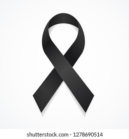 Funeral Card. Black Awareness Ribbon With Black Rose Flower On The