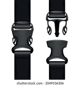 Realistic Detailed 3d Black Quick Release Buckle Set Opened and Closed View. Vector illustration of Car Safety Belt