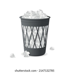 Realistic Detailed 3d Black Trash Can Full Crumpled Papers. Vector Illustration Of Office Garbage Can With Paper