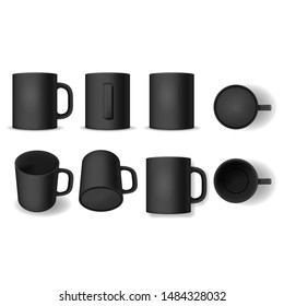 Realistic Detailed 3d Blank Black Cup Empty Template Mockup Set Different Views. Vector illustration of Mock Up Mug