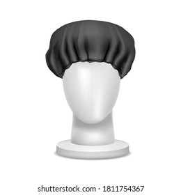 Realistic Detailed 3d Blank Black Shower Cap on Mannequin Head Empty Template Mockup for Bathroom. Vector illustration