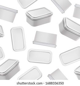 Contenedor 3d en blanco detallado y realista para fondo de patrón sin manchas en blanco. Ilustración vectorial de la producción láctea de paquetes de maqueta