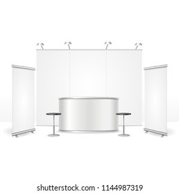 Realistic Detailed 3d Blank Empty Template Exhibition Stand Set for Marketing and Advertising. Vector illustration of Commercial Construction Elements