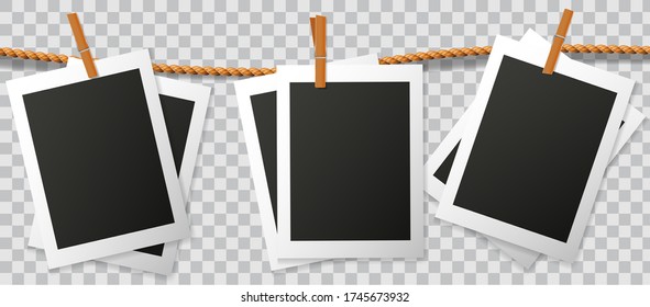 Realistic Detailed 3d Blank Empty Photo Frames Hanging on Rope Set on a Transparent Background. Vector illustration