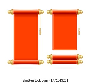 Realistic Detailed 3d Blank Empty Red Scroll Set Open and Closed View. Vector illustration of Scrolls