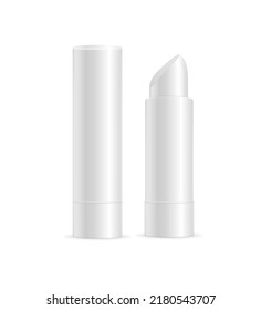 Realistic Detailed 3d Blank Hygiene Lipstick Mockup Template Set Closed and Open View. Vector illustration of Cosmetic Balm for Lip