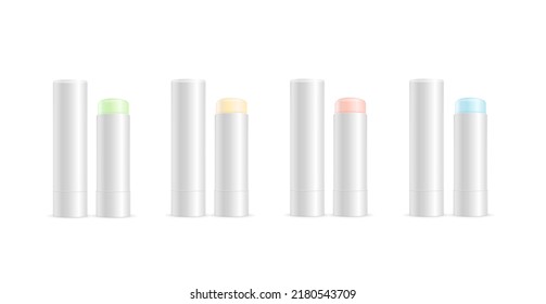 Realistic Detailed 3d Blank Hygiene Lipstick Mockup Template Set. Vector illustration of Color Cosmetic Balm for Lip