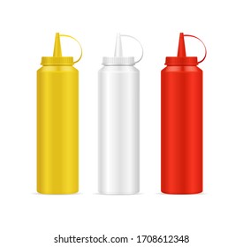Realistic Detailed 3d Blank Mayonnaise, Mustard and Ketchup Bottle Empty Template Mockup Set for Hot Dog and Barbecue. Vector illustration