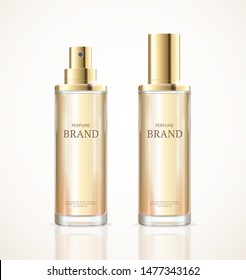 Realistic Detailed 3d Blank Perfume Bottle Gold Empty Template Mockup Set Vip or Luxury Product. Vector illustration