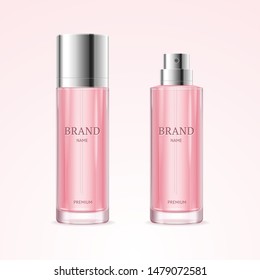 Realistic Detailed 3d Blank Perfume Bottle Pink Empty Template Mockup Set Romantic Aroma Spray Concept. Vector illustration