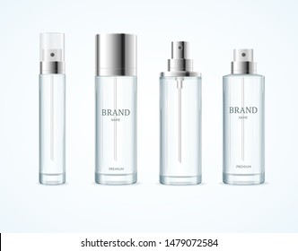 Realistic Detailed 3d Blank Perfume Bottle Empty Template Mockup Set Different Types Opened and Closed View. Vector illustration