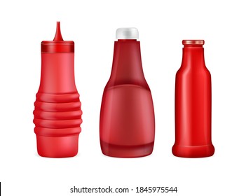 Realistic Detailed 3d Blank Plastic Red Tomato Ketchup Bottle Empty Template Set. Vector illustration of Container for Sauce