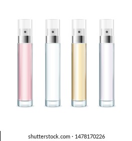 Realistic Detailed 3d Blank Tester Perfume Empty Template Mockup Set Transparent Packaging for Store. Vector illustration of Aerosol