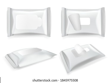 Realistic Detailed 3d Blank White Wet Wipe Pack Mockup Empty Template Set. Vector illustration of Cosmetic Product