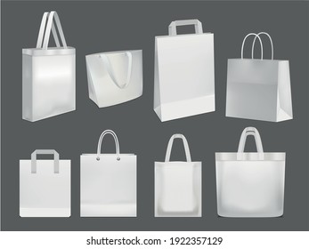 Bolsas De Compras Blancas 3d En Blanco Y En Blanco Vacío Conjunto De Mockup De Plantilla. Ilustración vectorial de la bolsa de papel