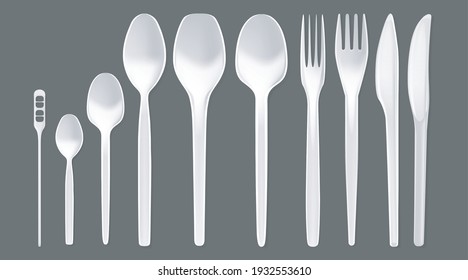 Realistic Detailed 3d Blank White Disposable Spoons and Knifes Set. Vector illustration of Plastic Spoon, Knife and Fork