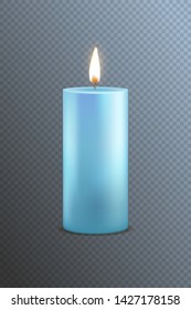 Realistic Detailed 3d Blue Candle on a Transparent Background for Celebration and Religion. Vector illustration