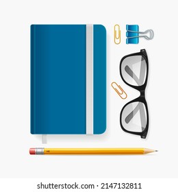 Realistic Detailed 3d Blue Notebook with Elastic Band Empty Mockup for Design and Glasses Set. Vector illustration