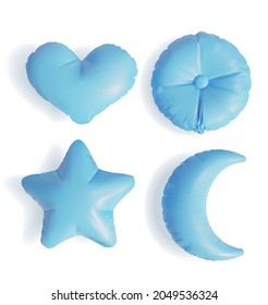 Las almohadas azules 3d de diferentes formas realistas y detalladas incluyen la estrella y el corazón. Ilustración vectorial de Cushion