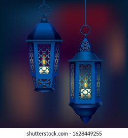 Realistic Detailed 3d Blue Ramadan Oriental Lamps Set. Vector illustration of Illuminated Arabic Lamp or Lantern