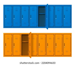 Realistic Detailed 3d Blue and Yellow School Gym or Store Locker Set. Vector illustration of Metal Cabinets