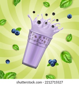 Realistic Detailed 3d Blueberry Bubble Tea Ads Banner Concept Poster Card with Splashing Milk and Green Leaves. Vector illustration