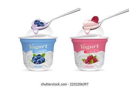 Realistic Detailed 3d Blueberry and Raspberry Taste Yogurt Packaging Container with Spoon Set. Vector illustration of Yoghurt