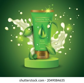 Realistic Detailed 3d Body Lotion with Green Tea Leaves and Splashing Moisturizing Effect Concept Background. Vector illustration