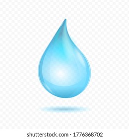 Realistic Detailed 3d Bright Pure Blue Water Drop on a Transparent Background. Vector illustration of Raindrop