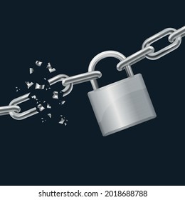 Realistic Detailed 3d Broken Chain and Lock Freedom Concept on a Dark Background. Vector illustration of Padlock Metallic Chain