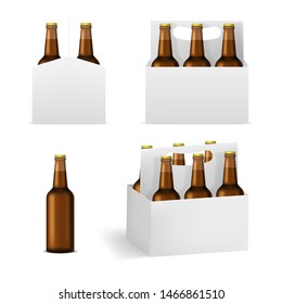 Realistic Detailed 3d Brown Beer Bottles Pack Set Alcohol Drink Glass Bottle. Vector Illustration Of Beverage Packs