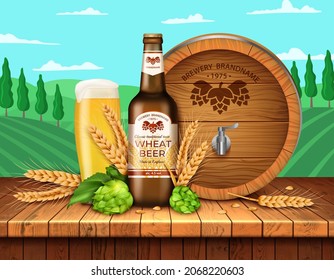 Realistic Detailed 3d Brown Glass Beer Bottle and Golden Beer Transparent Glass Cup Ads Banner Concept Poster Card. Vector illustration