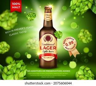 Realistic Detailed 3d Brown Glass Beer Bottle Ads Banner Concept Poster Card On A Falling Green Hops Background . Vector Illustration