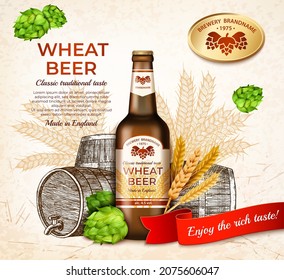 Realistic Detailed 3d Brown Glass Beer Bottle with Wooden Barrel and Green Hops Ads Banner Concept Poster Card. Vector illustration